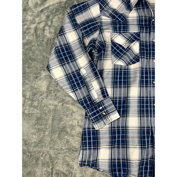 ELY CATTLEMAN WESTERN PEARL SNAP SHIRT MEDIUM BLUE PLAID LONG SLEEVE MEN'S - Picture 6 of 10